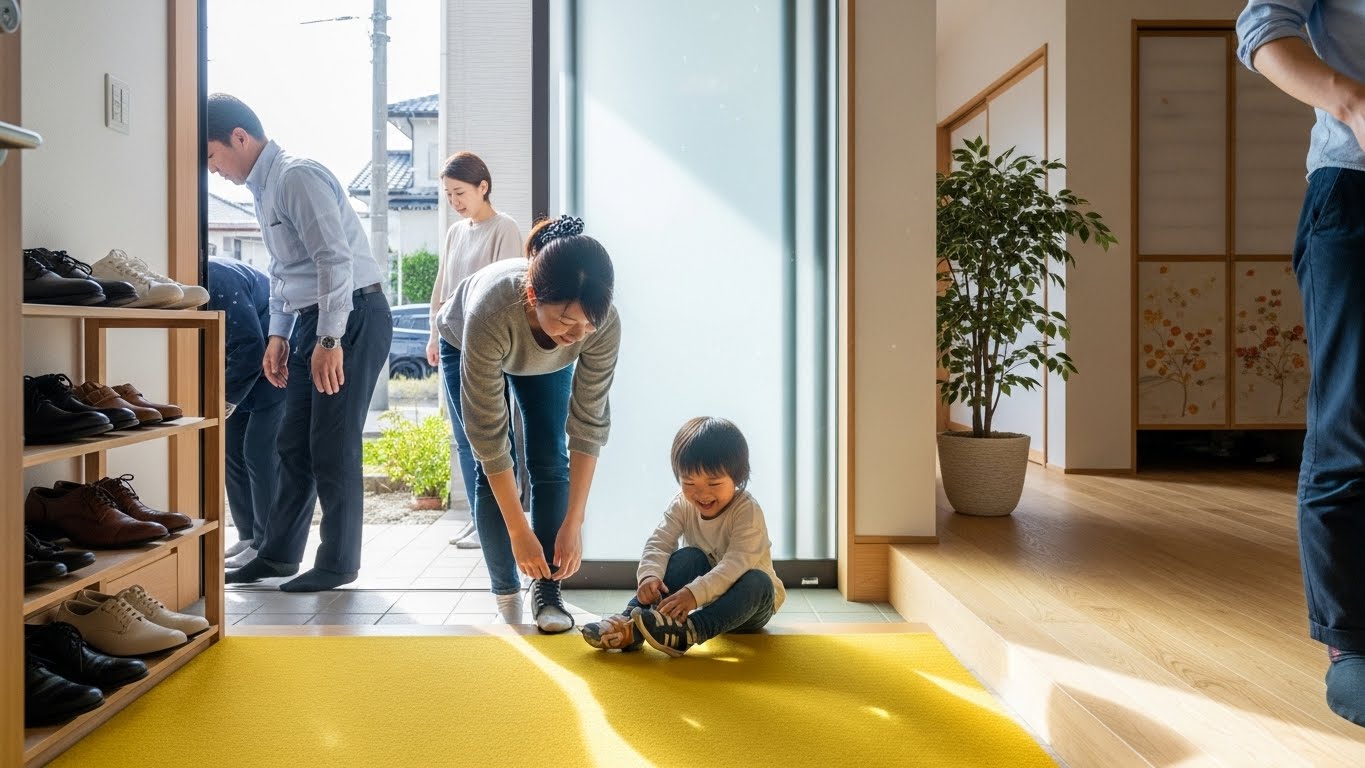 明るい黄色のマットが敷かれた玄関で、靴を脱いでいる日本人のシーン