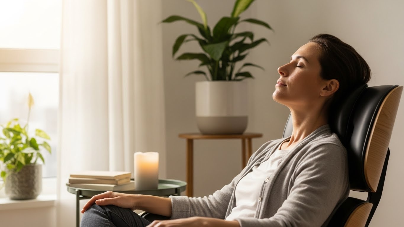 オフィスや自宅の椅子でリラックスして目を閉じている現代的な瞑想シーン