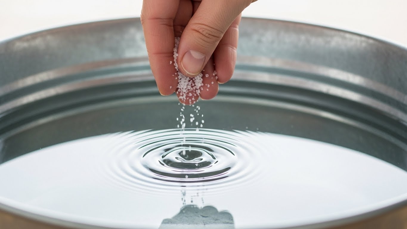 バケツの水に少量の塩を入れている手元のアップ