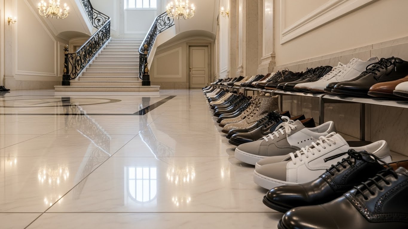 ピカピカになった玄関のたたきと、揃えられた靴のイメージ