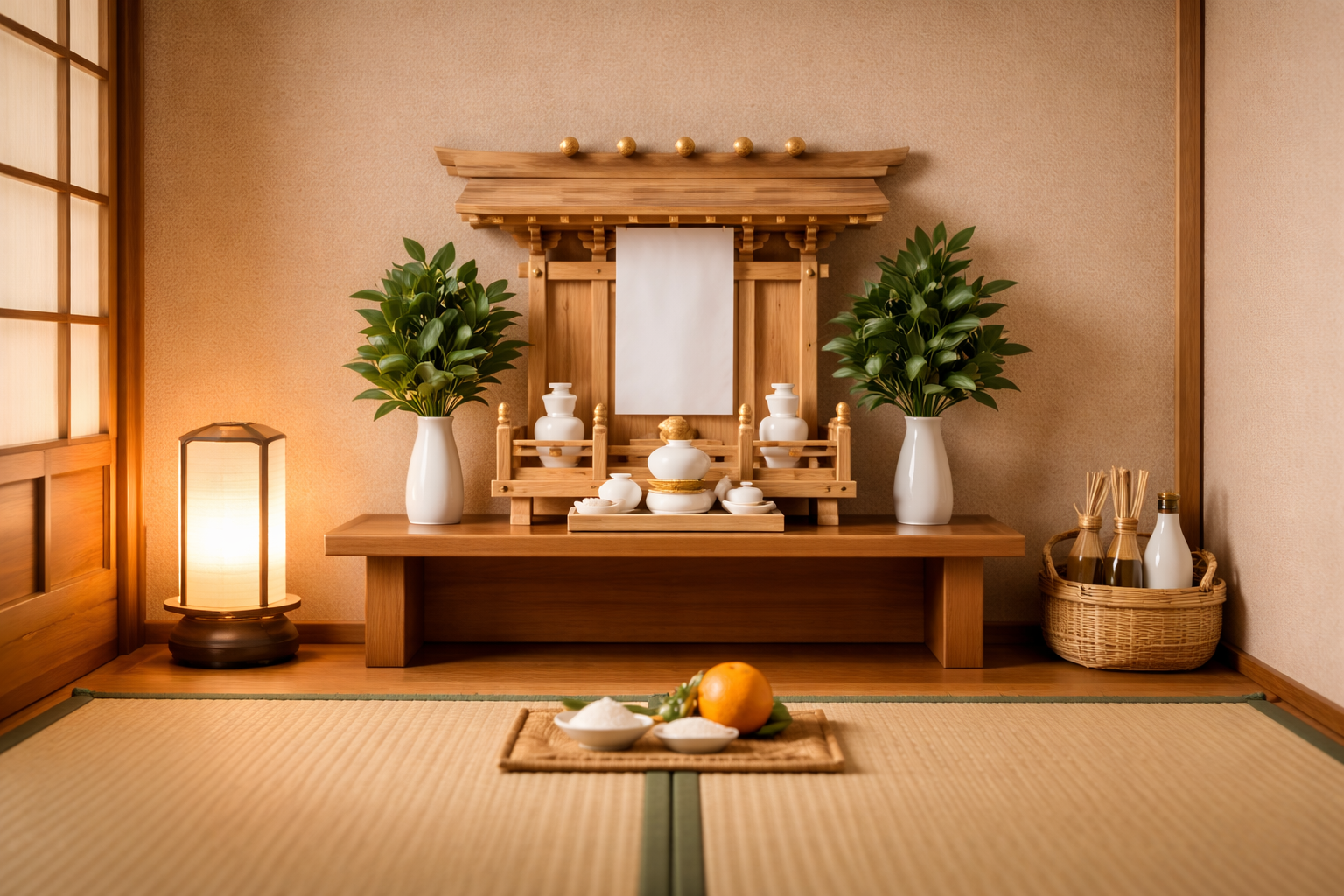 神棚の正面に白い半紙が貼られている、静寂な和室のイメージ