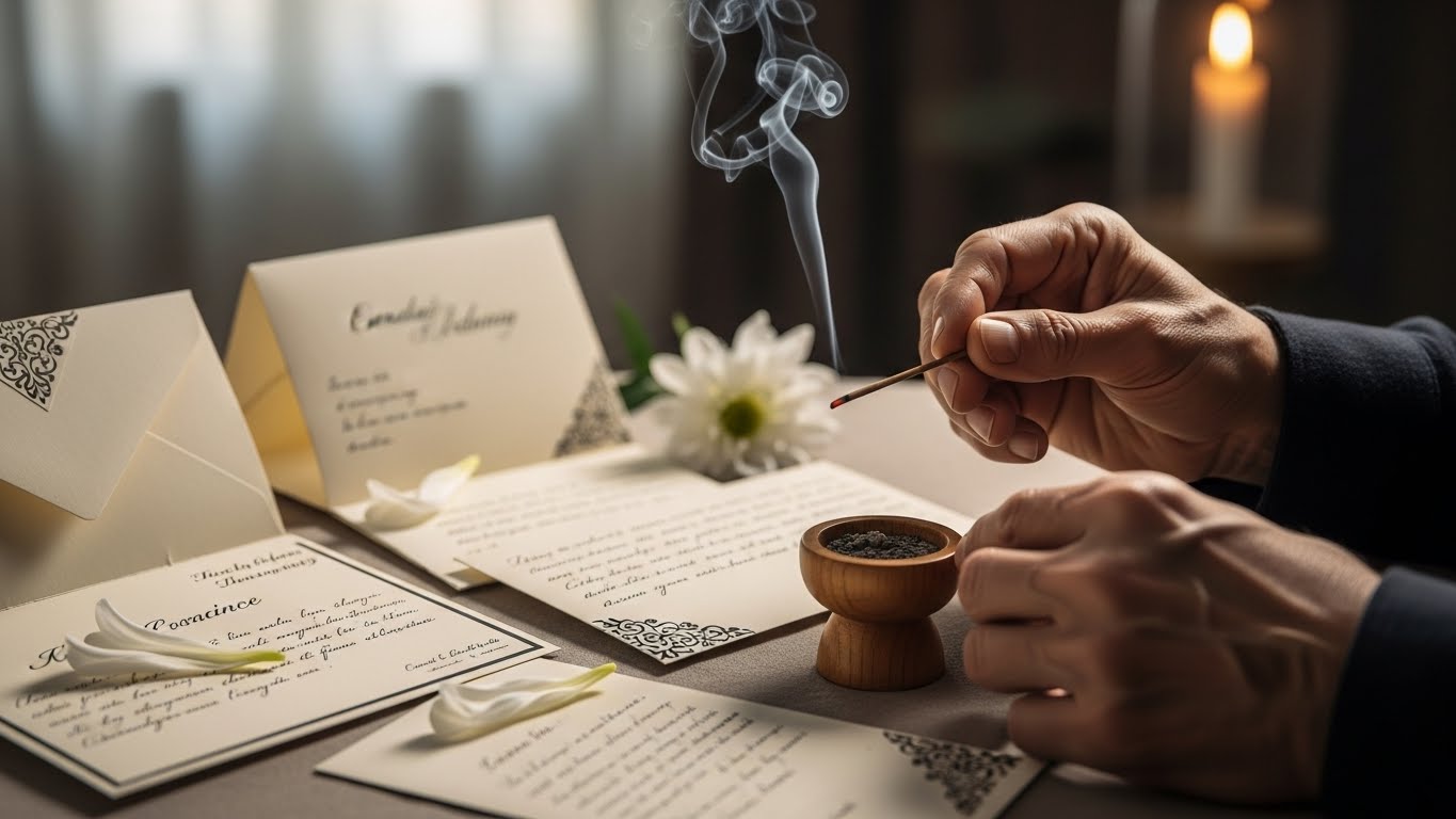 喪中見舞いの手紙や、静かにお線香をあげている手元のイメージ