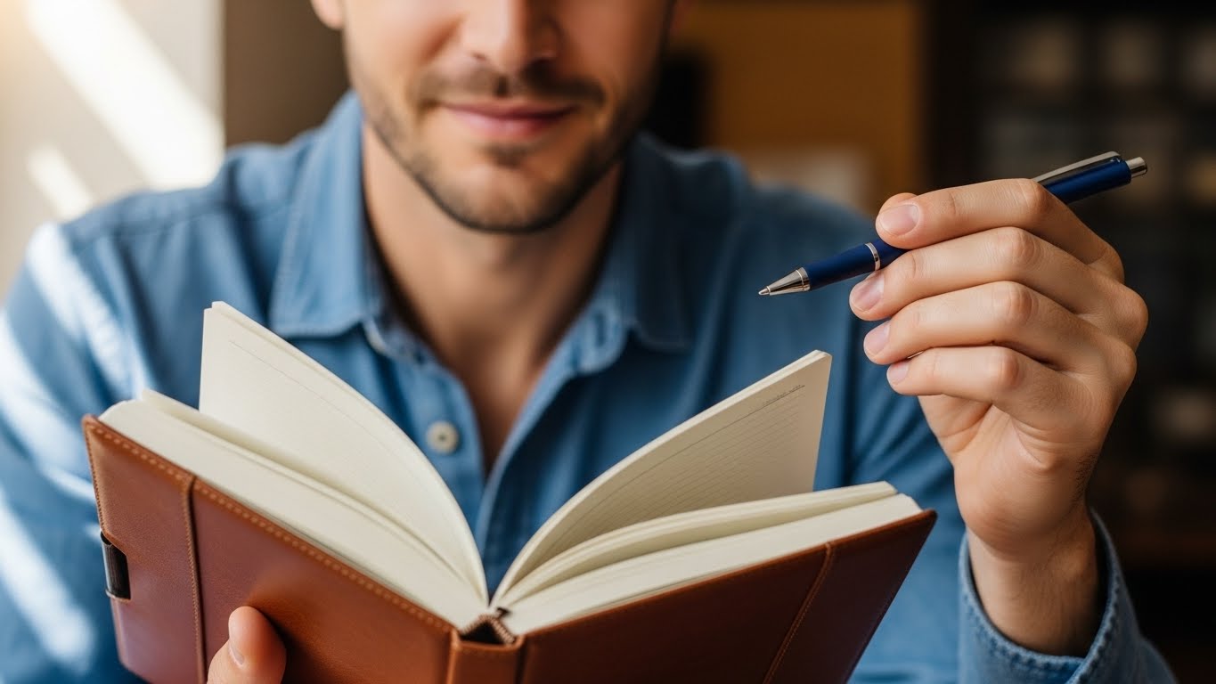 開いたノートとペンを持ち、リラックスして書き始めている手元のアップ