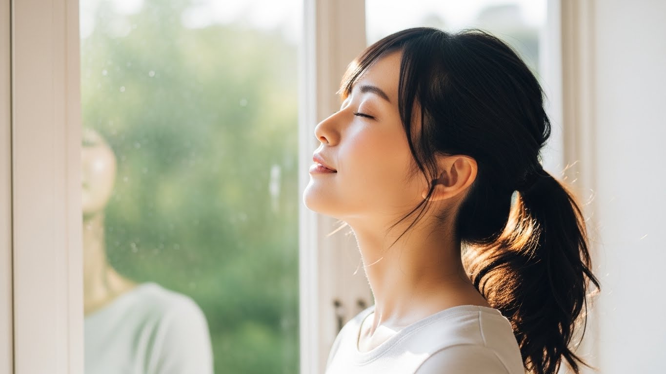 窓辺で深呼吸をしている、スッキリとした表情の女性の横顔