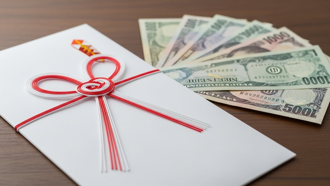 紅白の蝶結びの水引がついたのし袋と、新札が置かれているイメージ