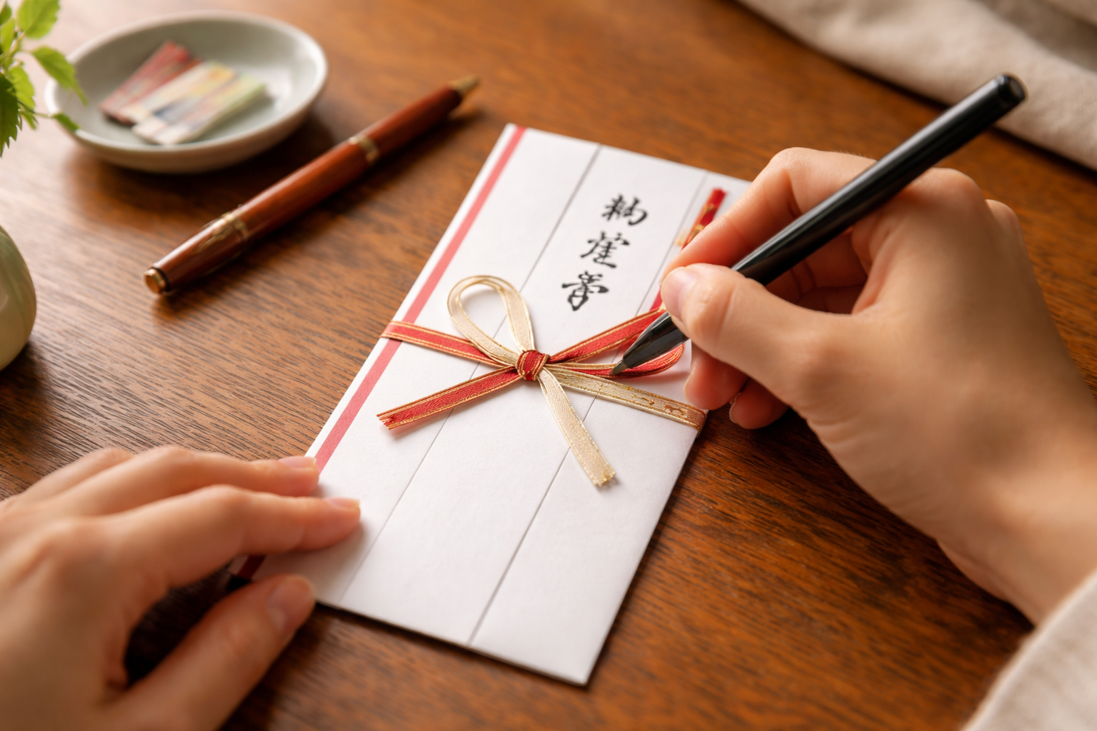 神社の社務所の窓口で、ふくさの上に乗せたのし袋を差し出すシーン