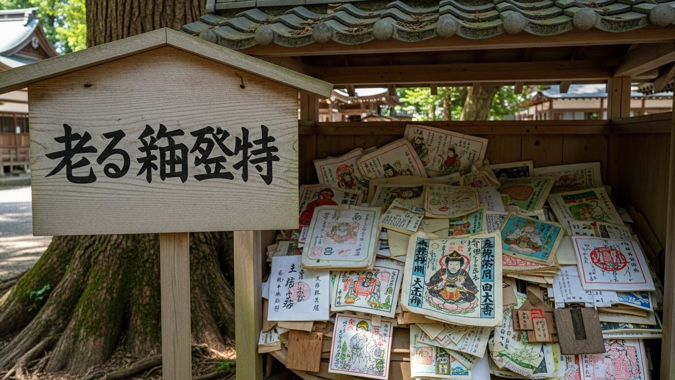 神社の境内にある「古札納所」の看板と、そこに積まれた古いお札のイメージ