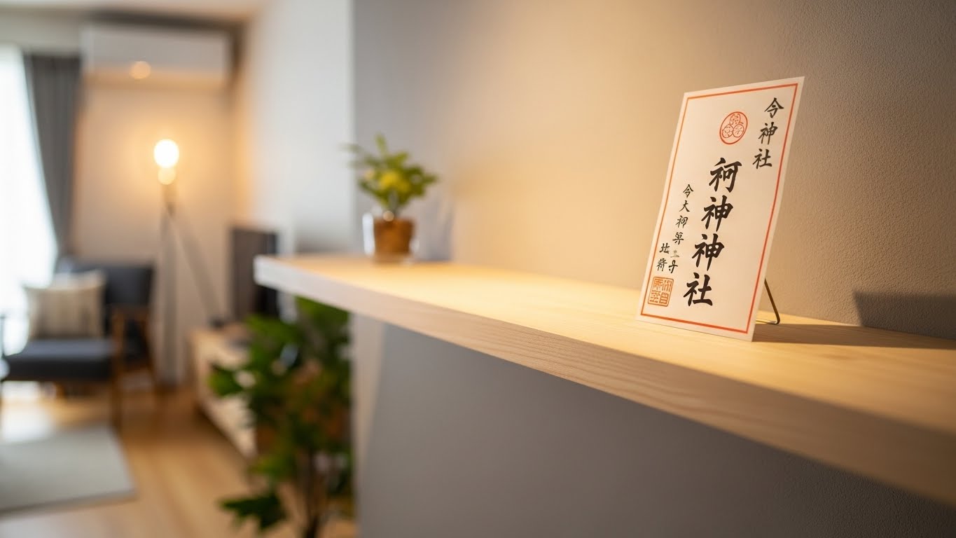 リビングの明るい棚の上、目線より少し高い位置にお札が置かれているイメージ