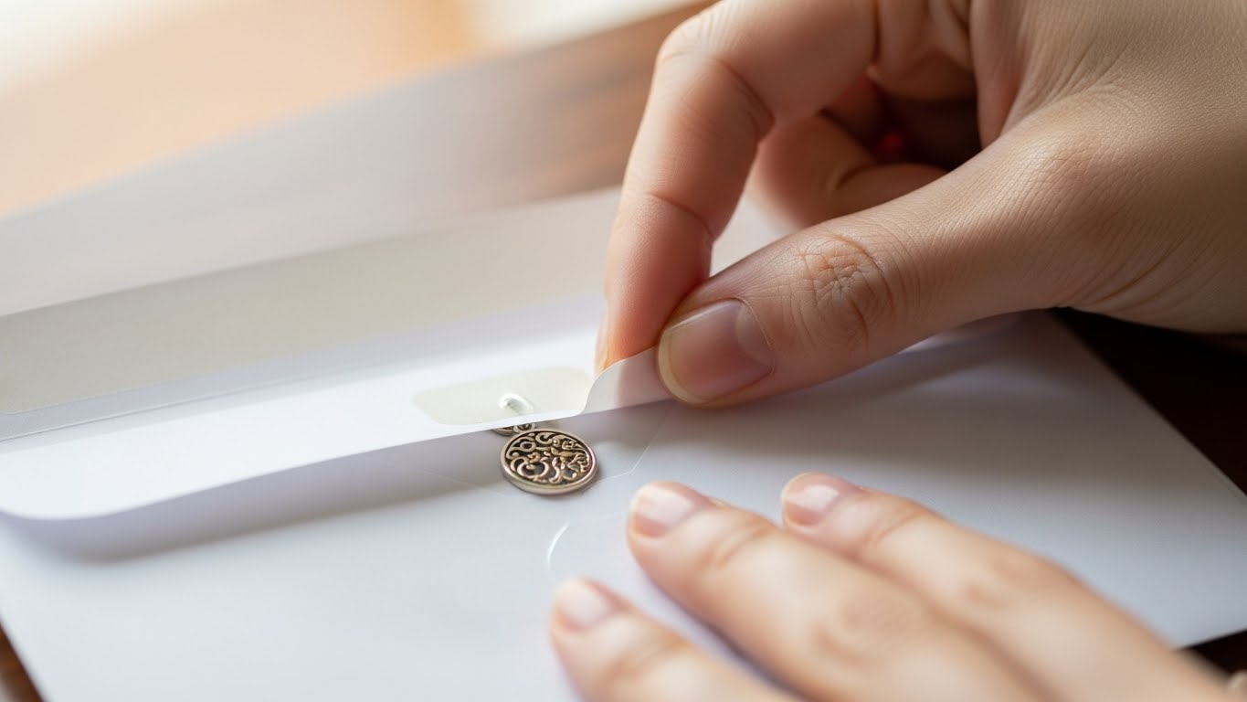 白い封筒にお守りを入れ、丁寧に封をしている手元のアップ