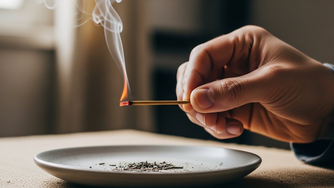 シンプルな小皿の上で、短く折ったお香を焚いている手元のイメージ