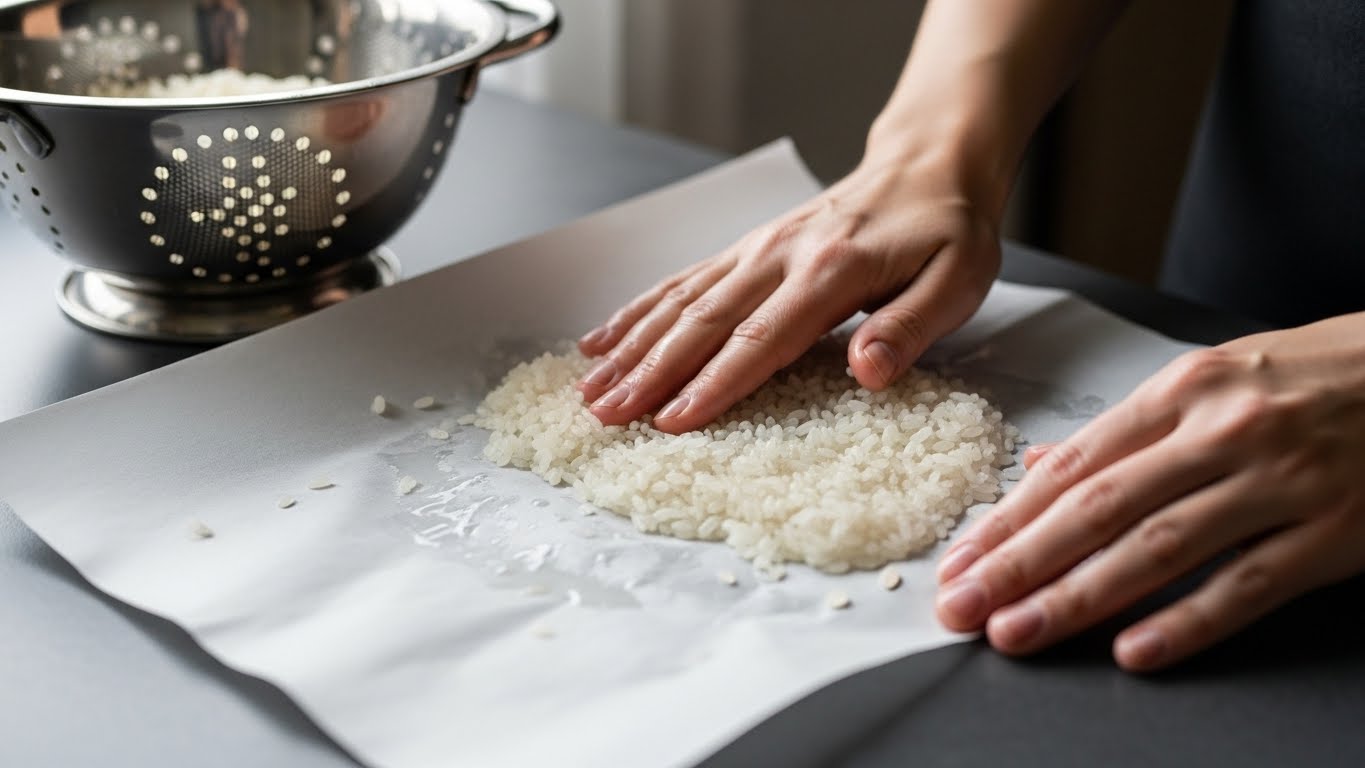 ザルで洗ったお米を、キッチンペーパーの上で乾かしている丁寧な手元のイメージ