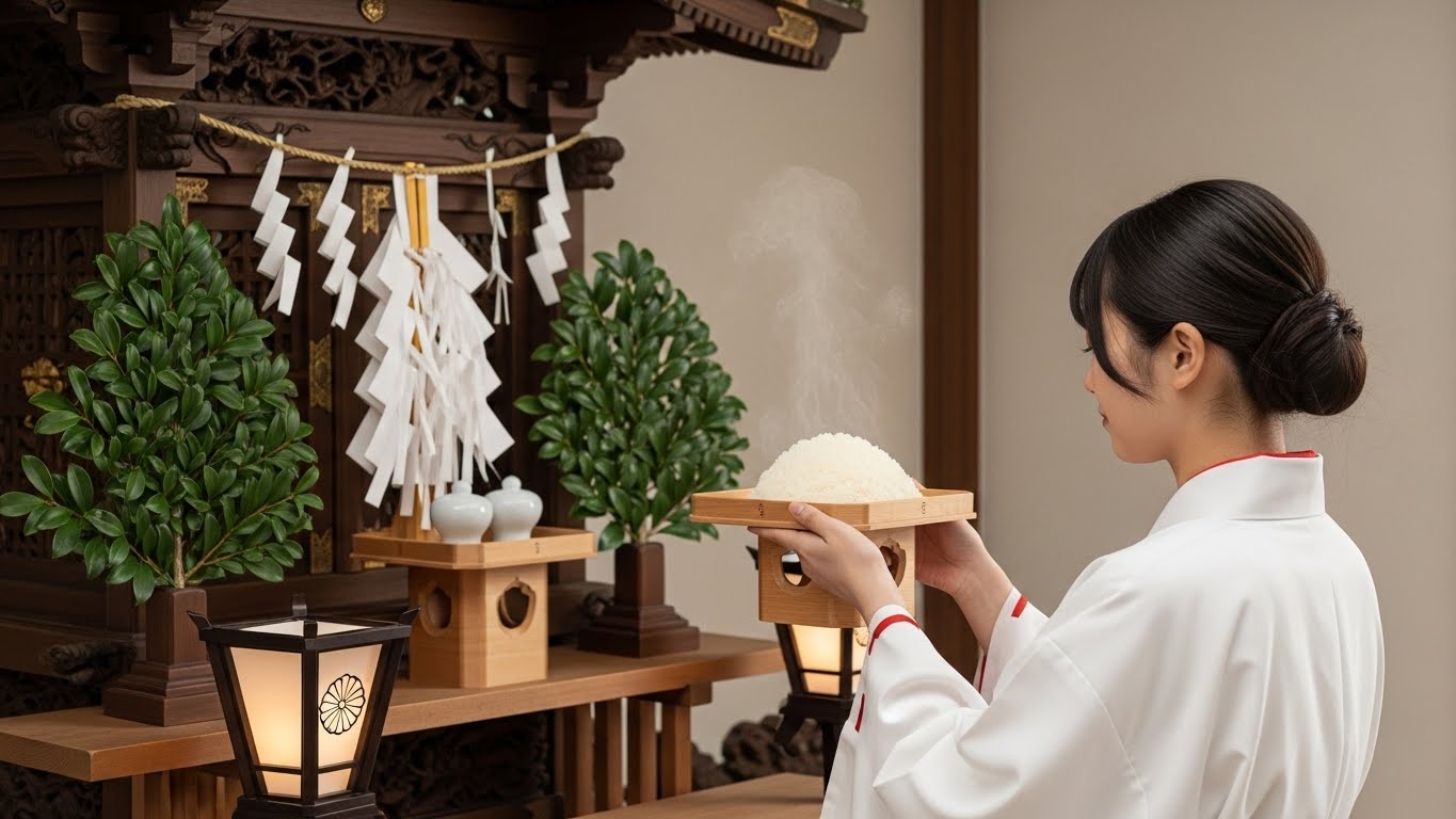 神棚の前で、炊きたてのご飯を盛ったお皿を両手で捧げ持っているシーン