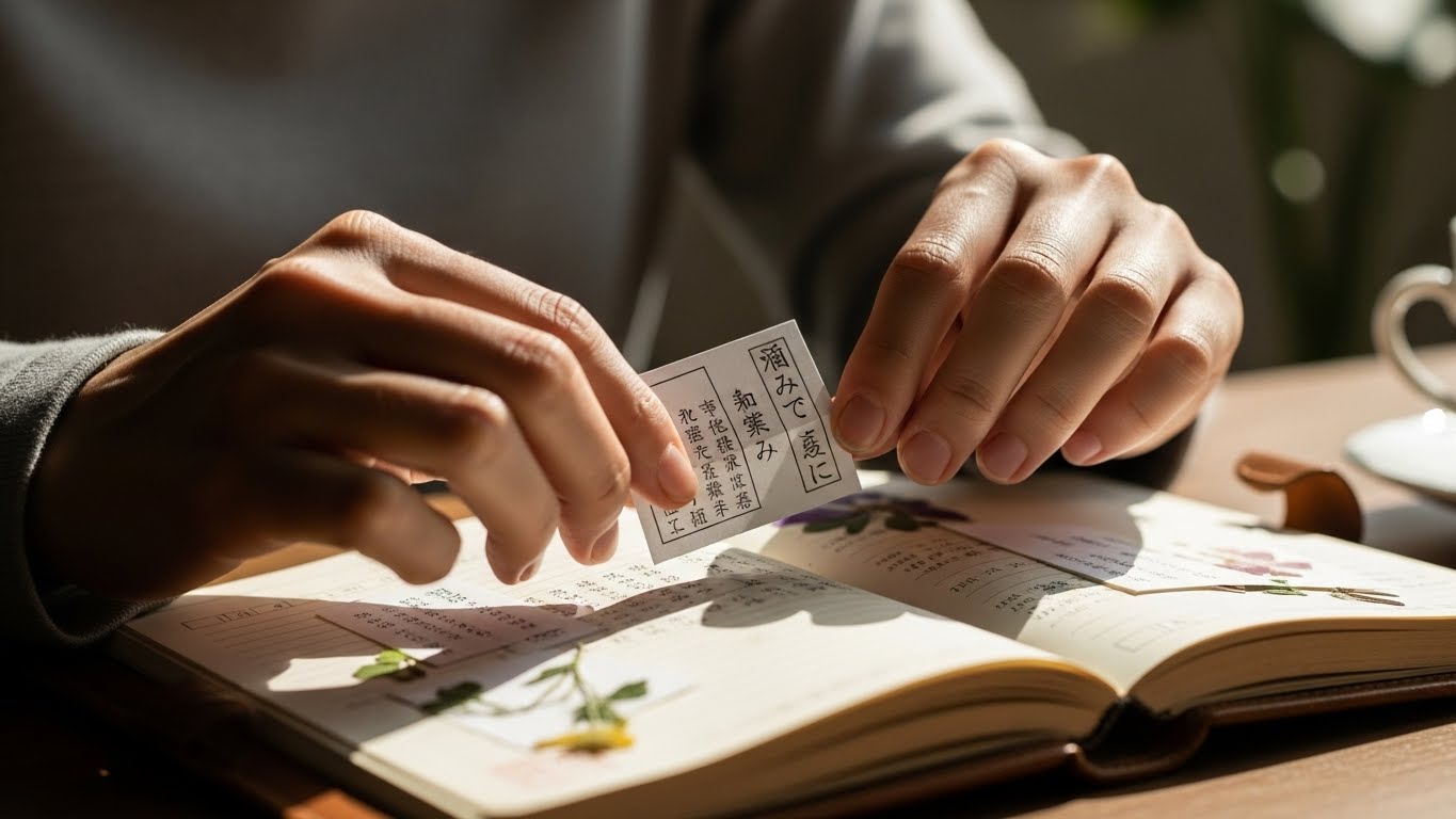 手帳におみくじを挟んで、大切に保管している手元のイメージ