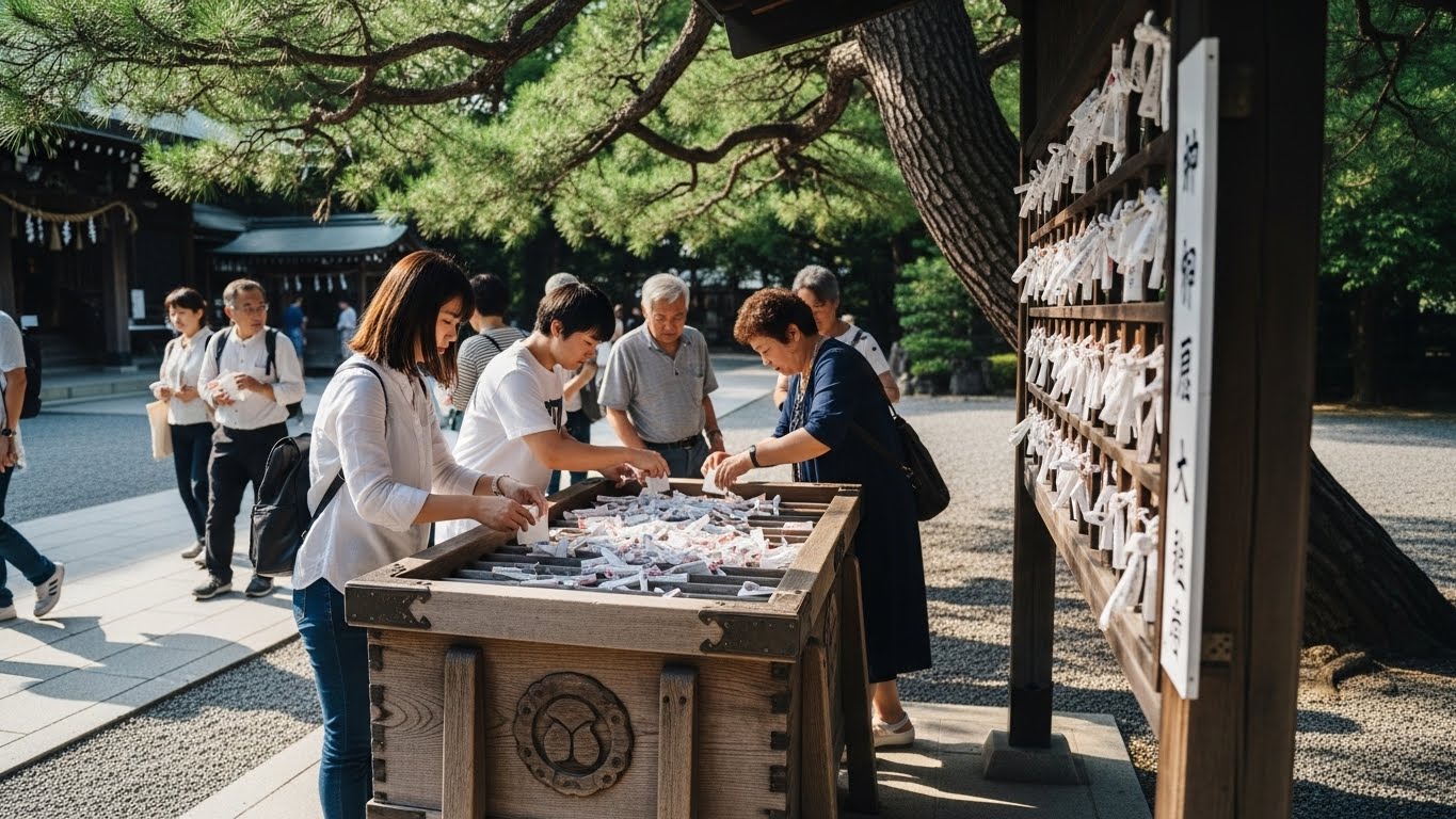 神社の古札納所に、感謝しておみくじを返しているシーン
