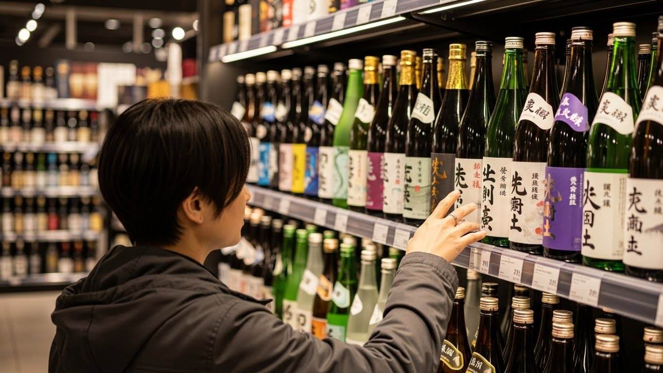 酒屋の棚に並ぶ日本酒の中から、一本を選ぼうとしている手元のイメージ
