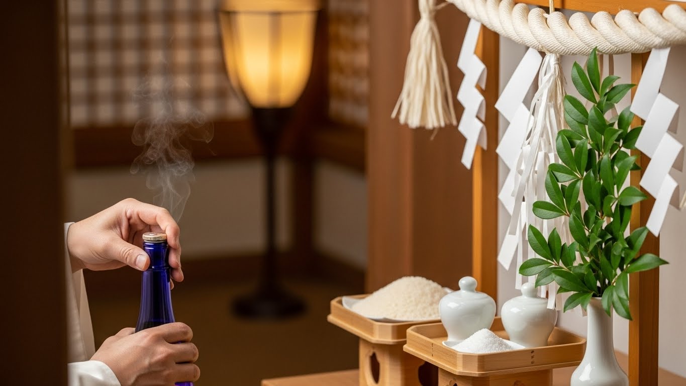 神棚の瓶子(へいし)の蓋を取り、お酒の香りが漂うような雰囲気の写真