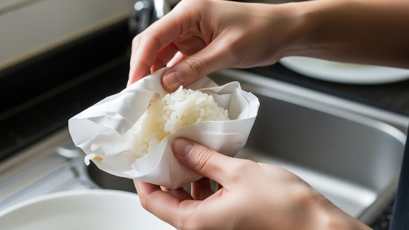 キッチンで、白い紙にお米を包んで処分しようとしている丁寧な手元