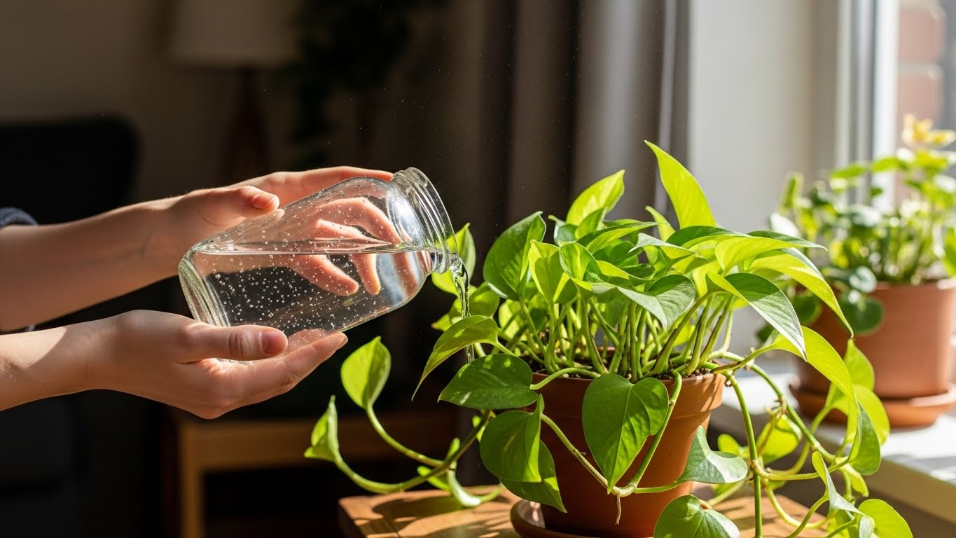 お下がりのお水を観葉植物にあげている、穏やかな日常のシーン