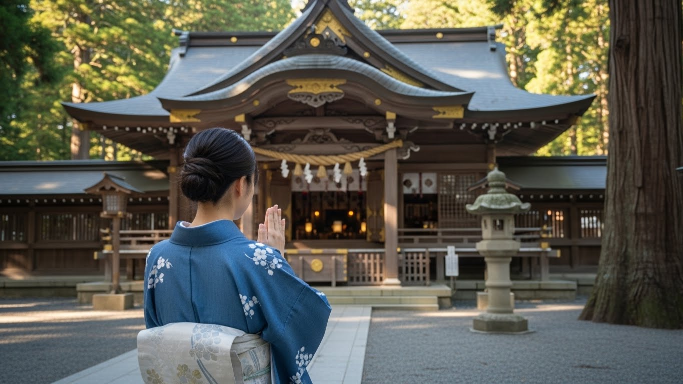 神社の拝殿前で丁寧に柏手を打つ日本人女性の様子
