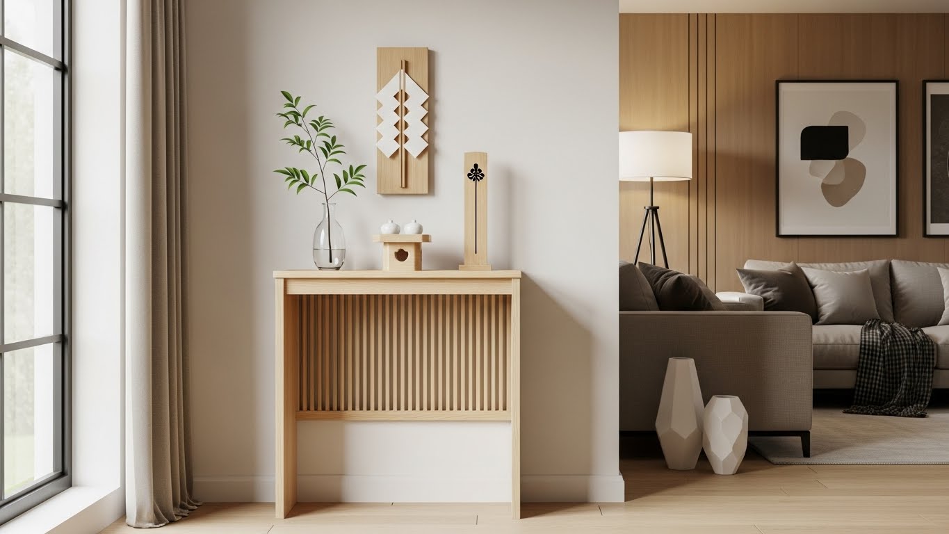 モダンなリビングに馴染むシンプルでおしゃれな神棚の設置例