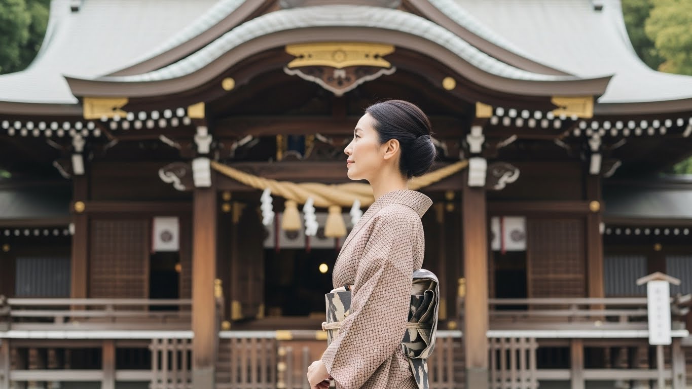 神社の拝殿前で、背筋を伸ばし、わずかに上体を傾けている女性の横顔。リラックスしているが隙のない美しい姿勢