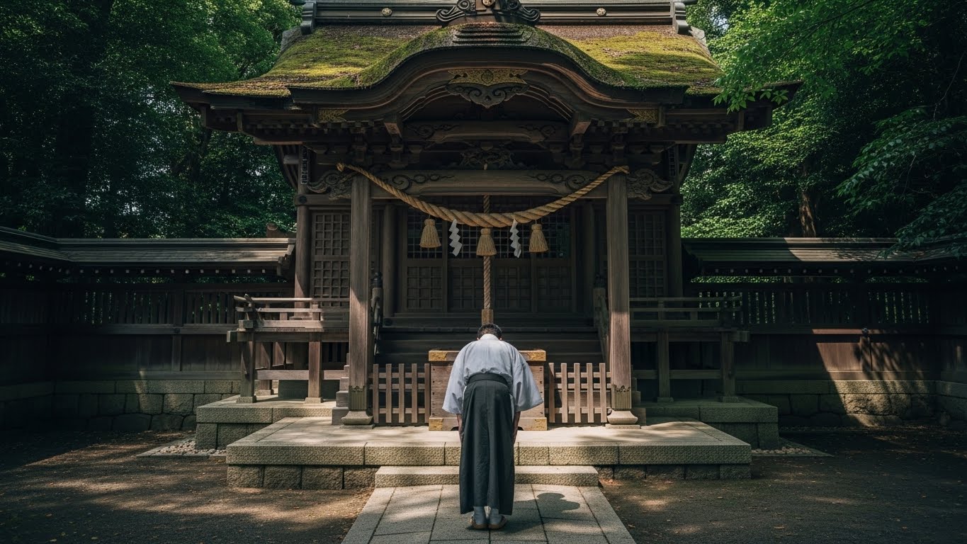 地面と背中が完全に平行になるほど深く腰を折っている様子。美しい直角。周囲の空気が張り詰めているイメージ