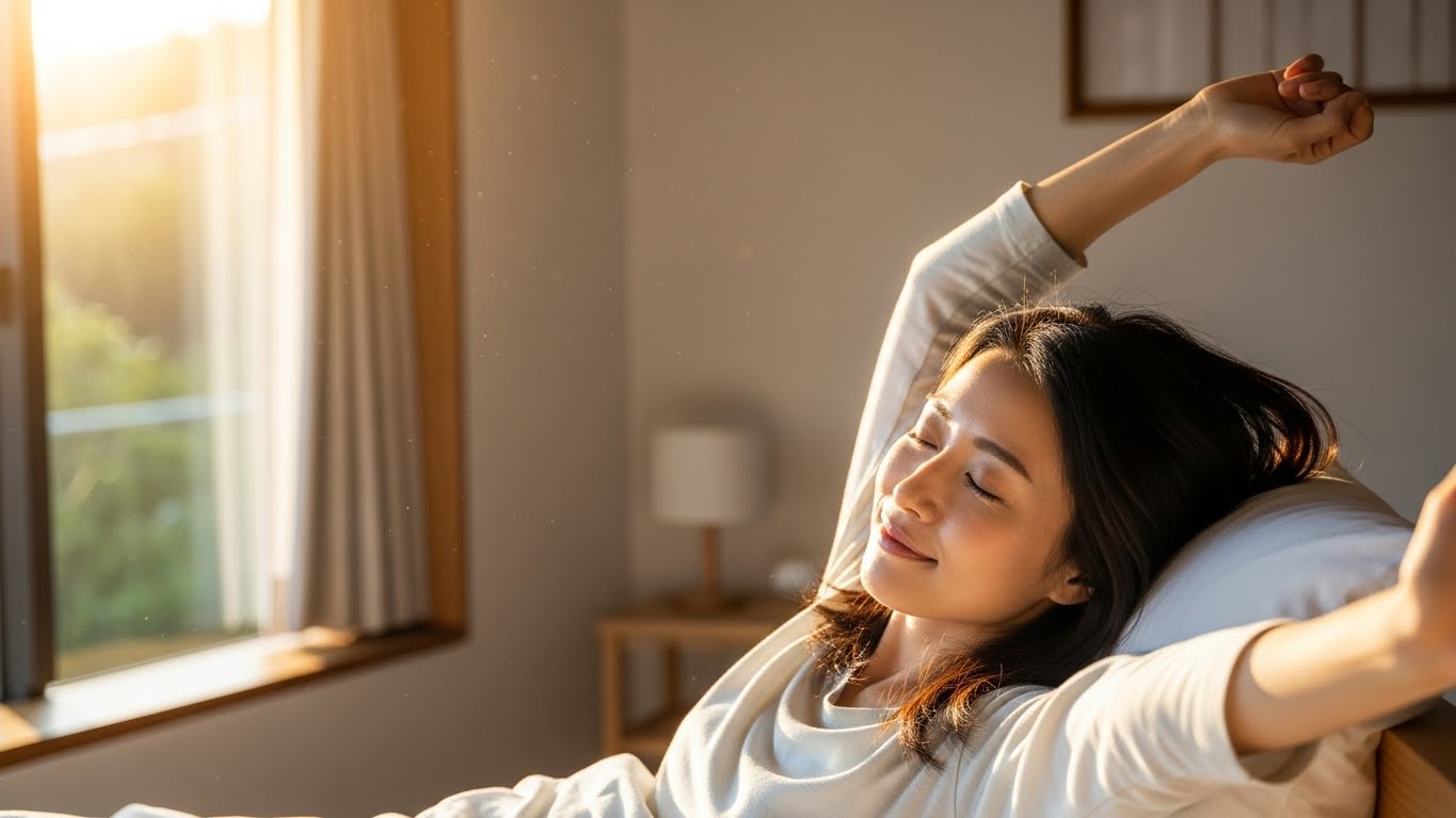 質の高い睡眠をとって目覚めた瞬間の清々しいイメージ。光に包まれている