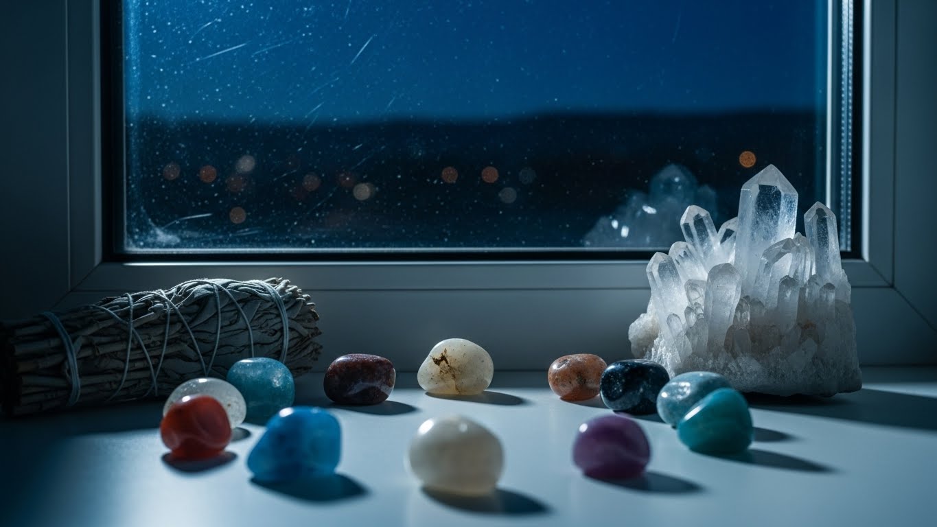 月明かりの下、窓辺に並べられたクリスタルやアクセサリーの静かなイメージ