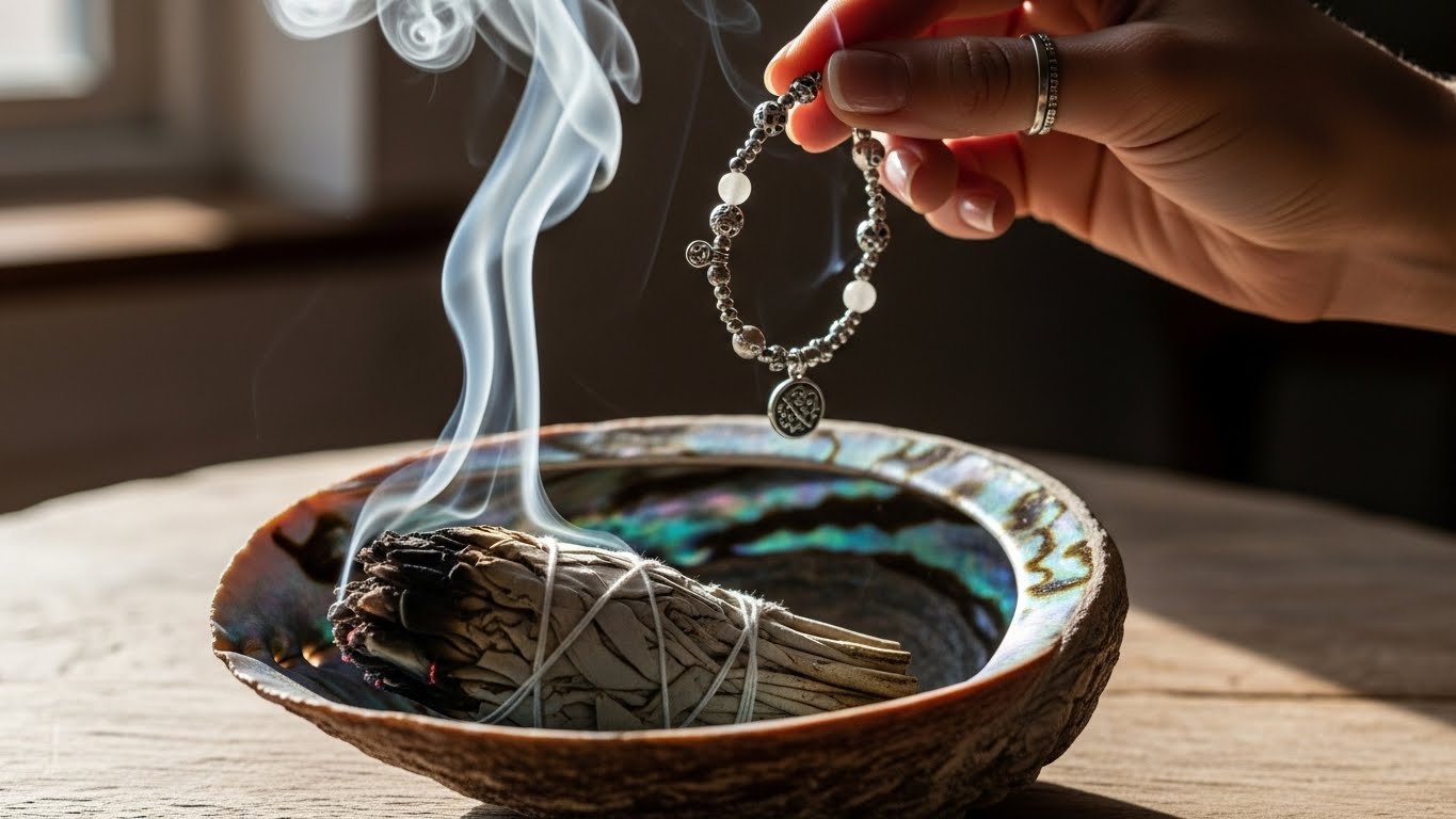 アバロンシェルの上で焚いたセージの煙に、ブレスレットをくぐらせている手元
