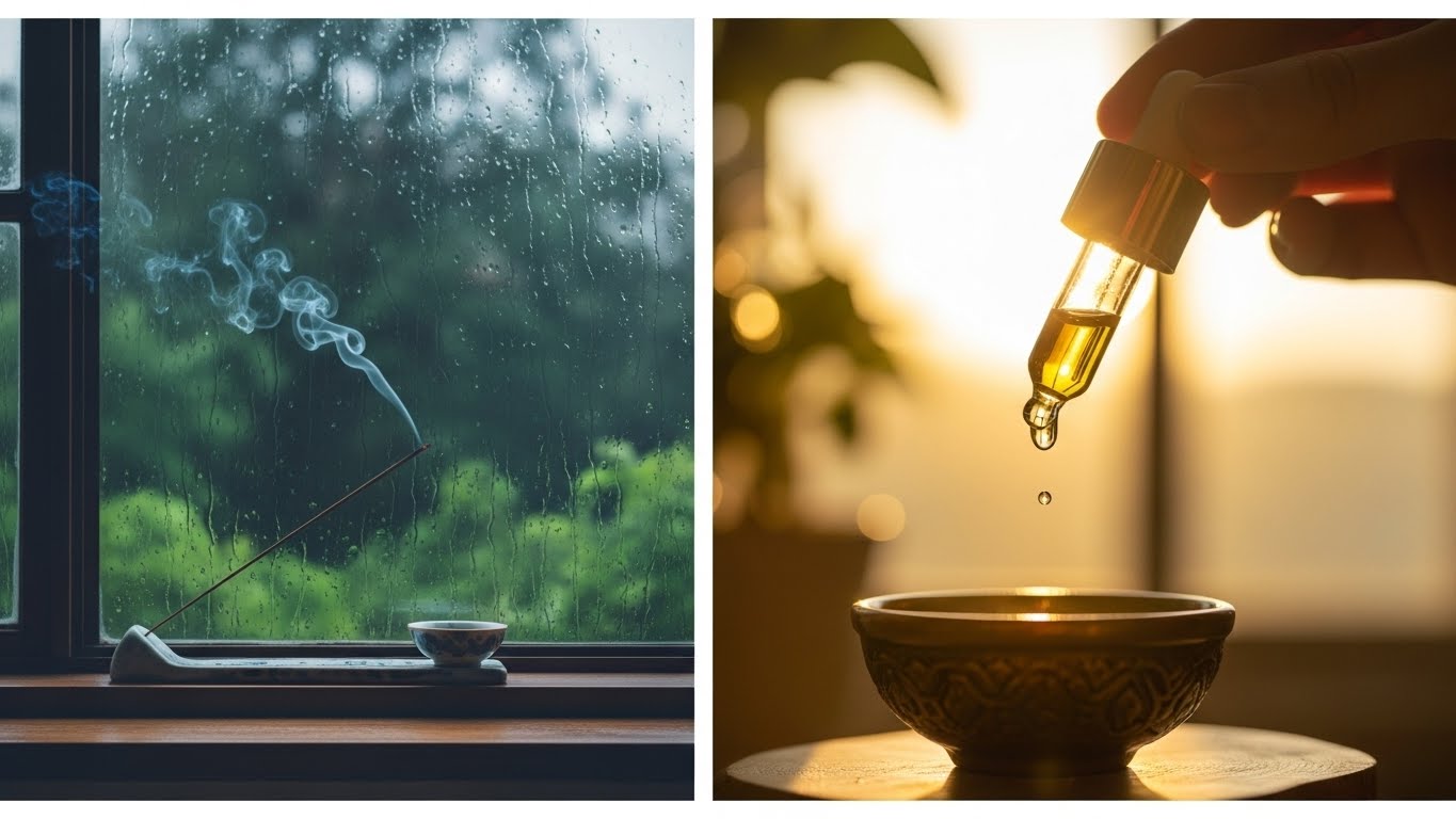 雨の日の窓辺で静かにお香を焚いているシーンと、朝の日差しの中でアロマを垂らしているシーンの対比