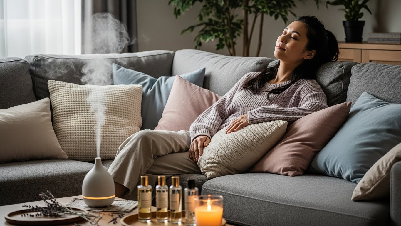 お気に入りの香りに包まれて、ソファでくつろぐ女性のイメージ