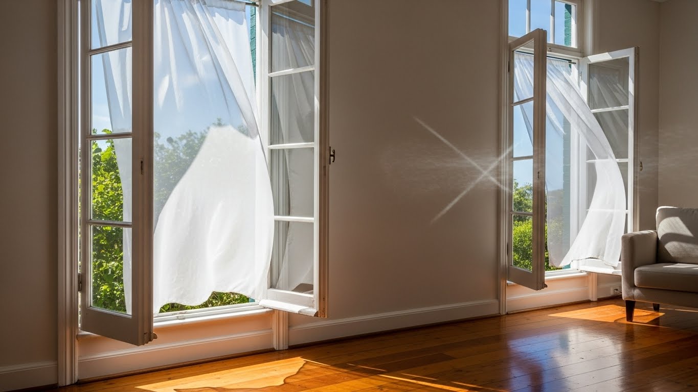 部屋の対角線上にある2つの窓が開いていて、風が通り抜けるイメージ図解のような写真