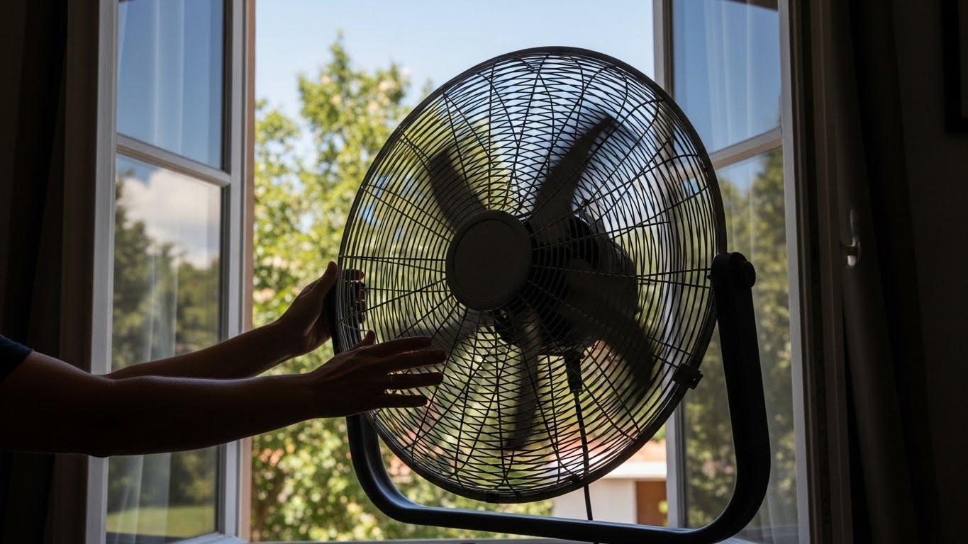 サーキュレーターや扇風機を窓の外に向けて回している様子