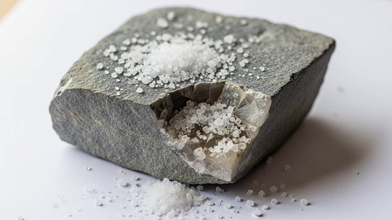 白い紙の上に割れた石を置き、塩をかけて清めているシーン