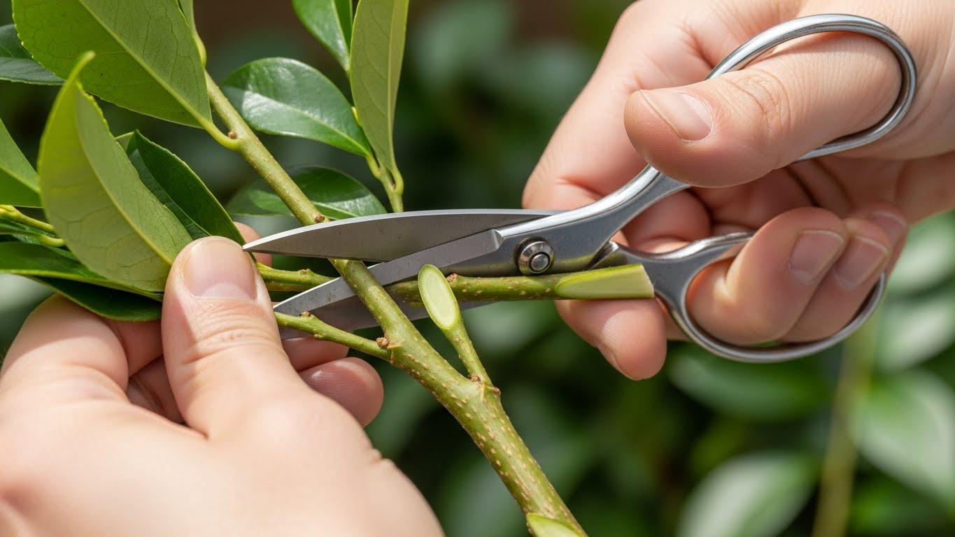 清潔なハサミで榊の茎を斜めにカットしている手元のイメージ