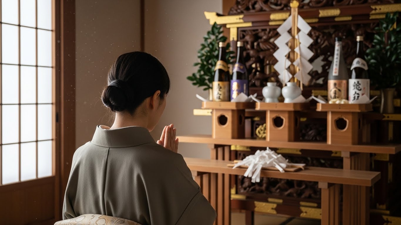 神棚に向かって手を合わせる、落ち着いた雰囲気の40代女性の背中