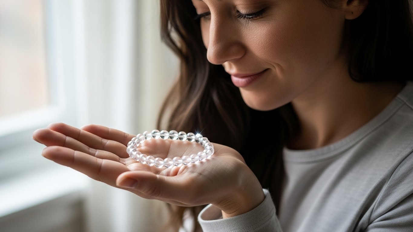 手のひらに水晶のブレスレットを乗せ、じっと感覚を確かめているシーン