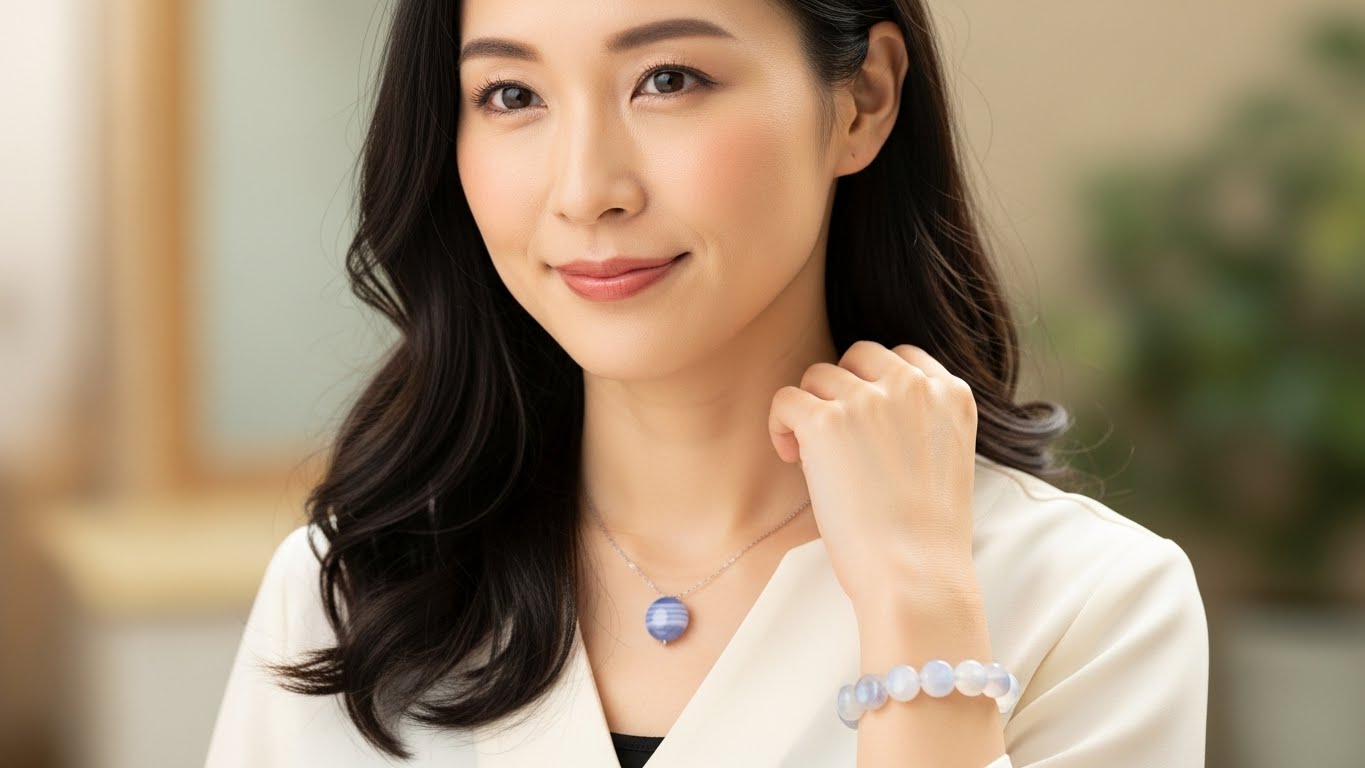 穏やかな表情で、新しいパワーストーンを身につけて微笑んでいる女性