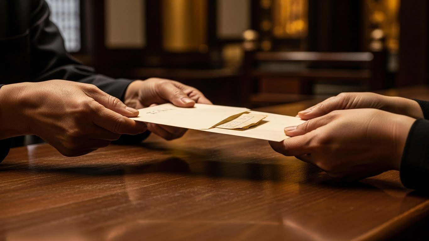封筒に入れた写経用紙を、お寺の納経受付に渡している丁寧な手元のイメージ