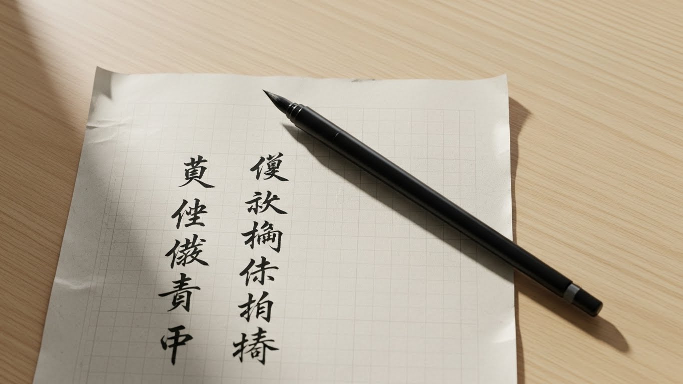 筆ペンと写経用紙がテーブルに置かれているシンプルな構図