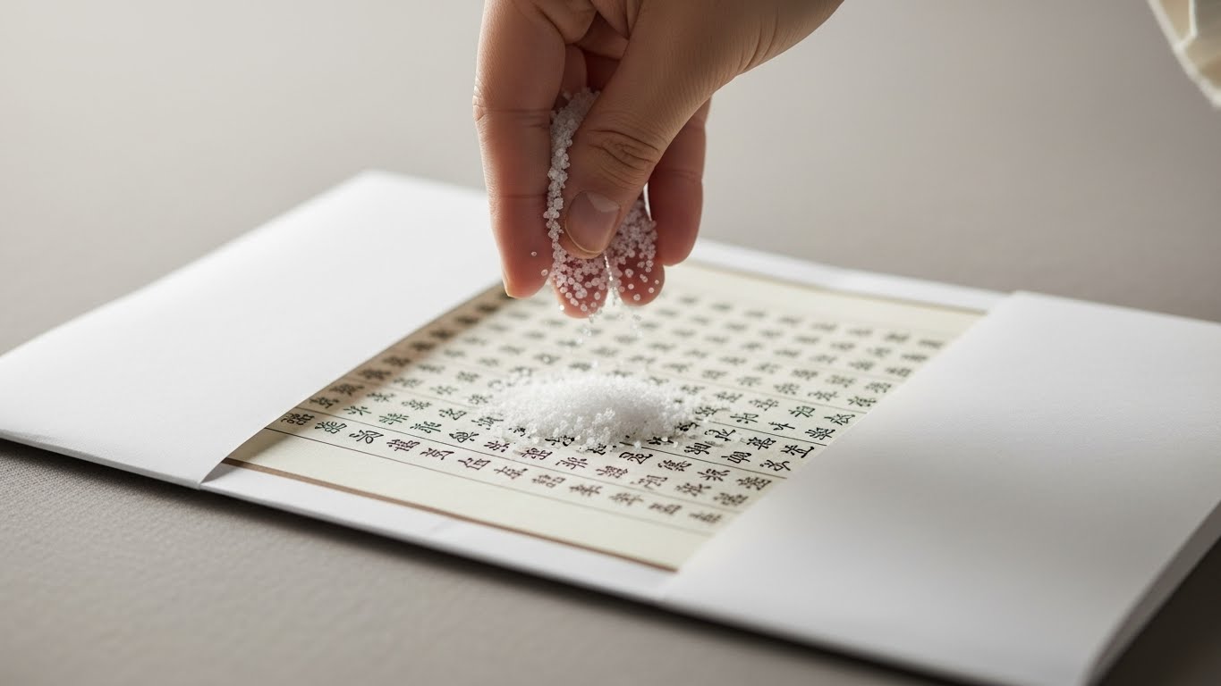 白い紙に包んだ写経用紙に、塩を振っている落ち着いたシーン
