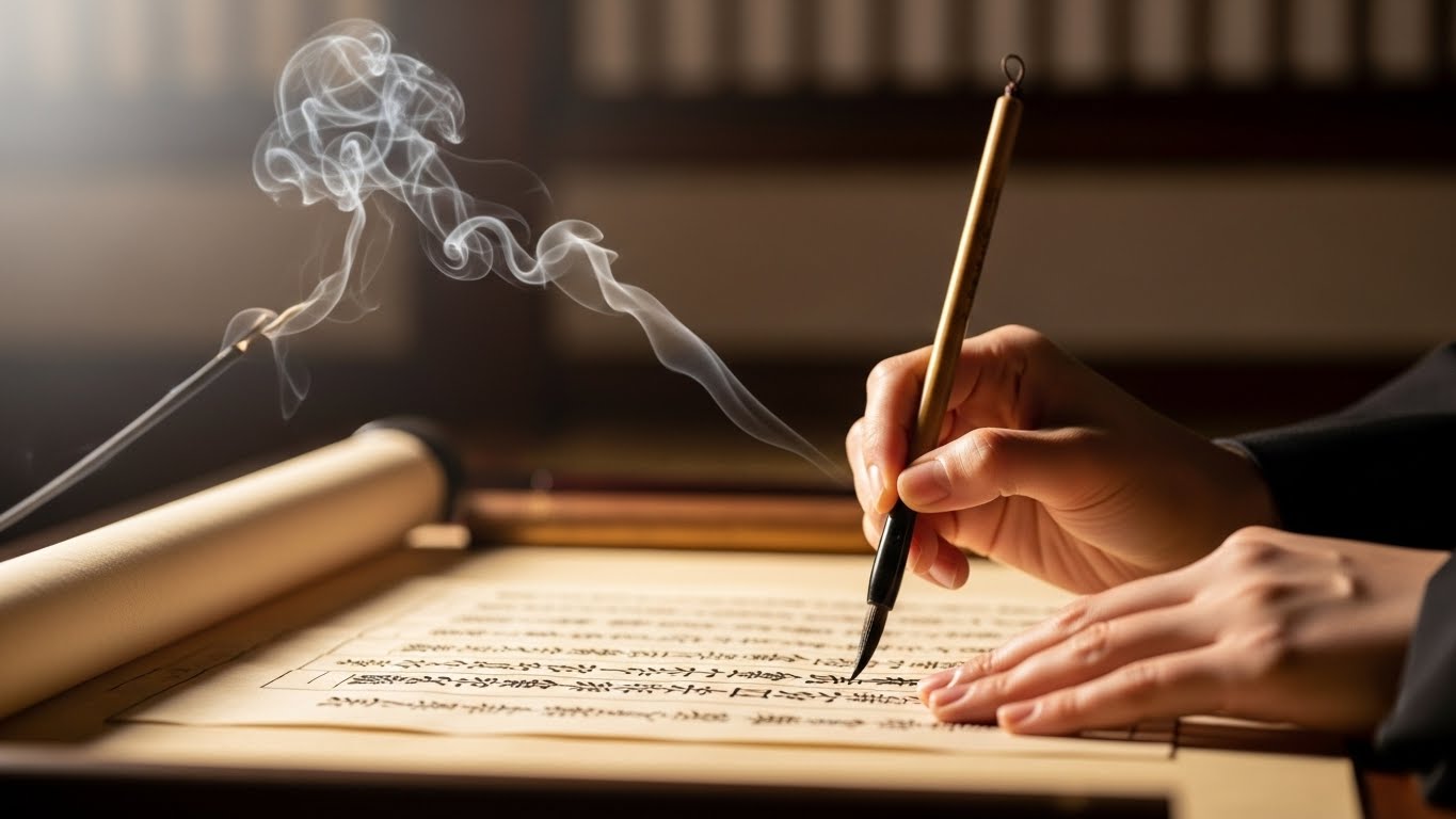 静かな部屋で、お香の煙が揺らぐ向こう側で写経をする手元