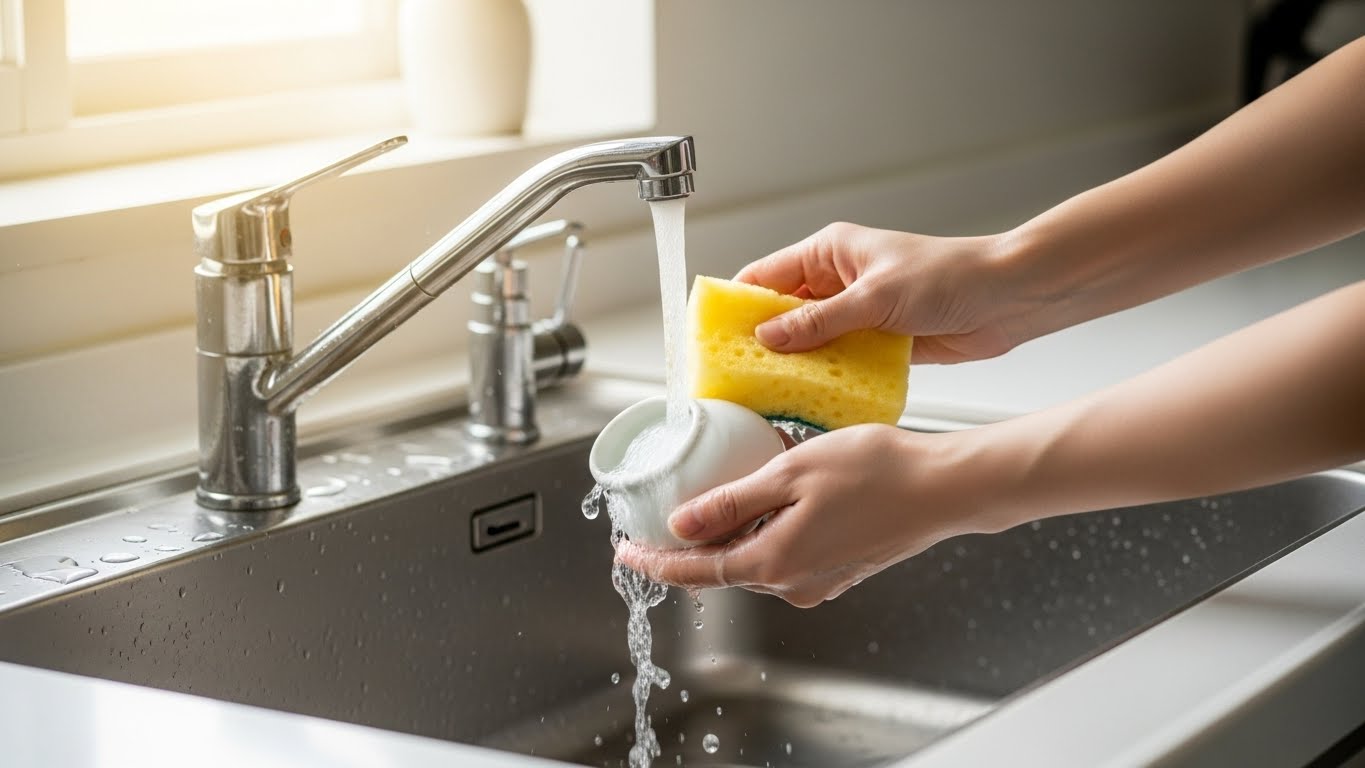 キッチンで、新しいスポンジを使って白い陶器を丁寧に洗っている手元