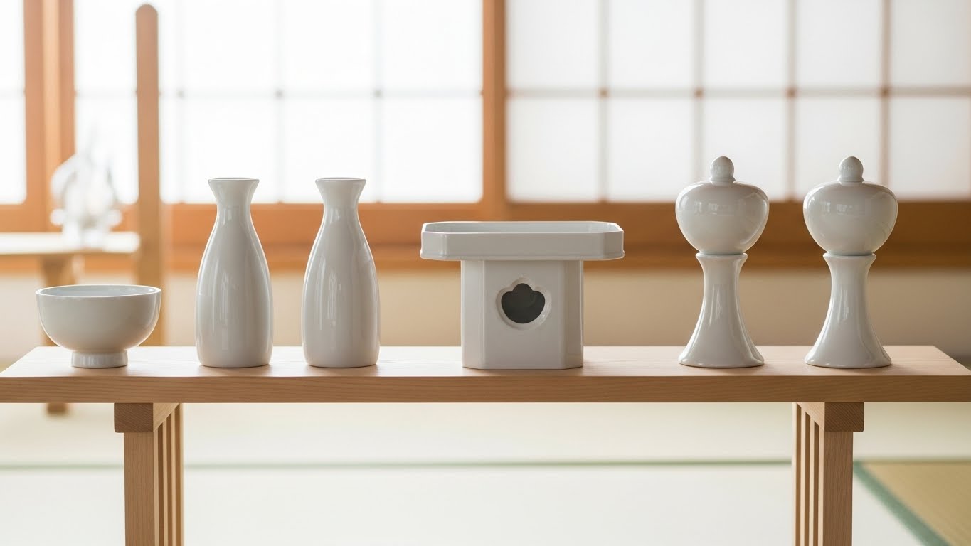 新しい真っ白な神具セットが神棚に並べられている清々しいイメージ