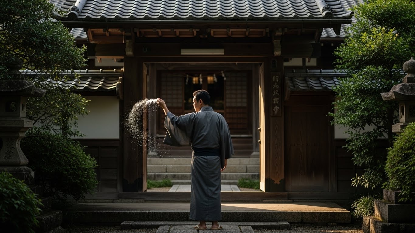 玄関の外で、自身の肩越しに塩を振っている落ち着いた大人の後ろ姿