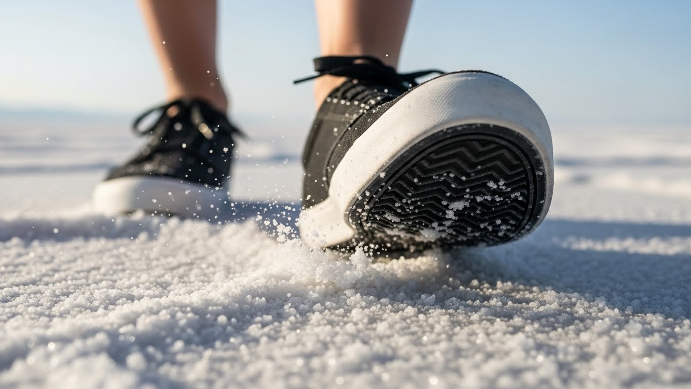 足元の塩を軽く踏みしめている靴元のアップ