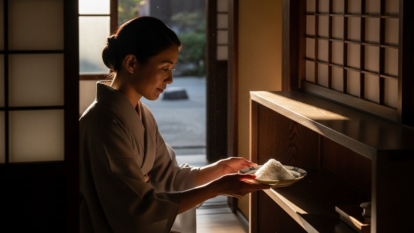 明るい日差しの中、新しい盛り塩を玄関に置く落ち着いた女性のイメージ