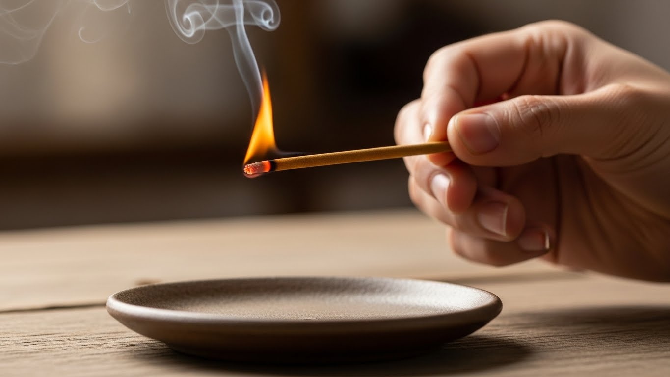 シンプルな小皿の上で、短く折ったお香を焚いている手元のイメージ