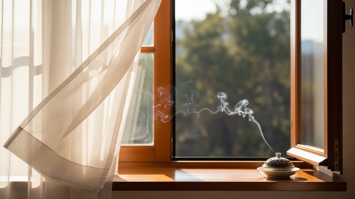 窓際で風に揺れるカーテンと、静かに煙を上げるお香のイメージ