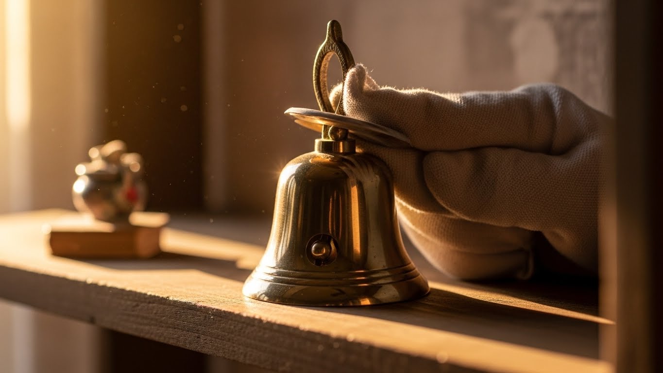 神棚の鈴を丁寧に手入れする様子